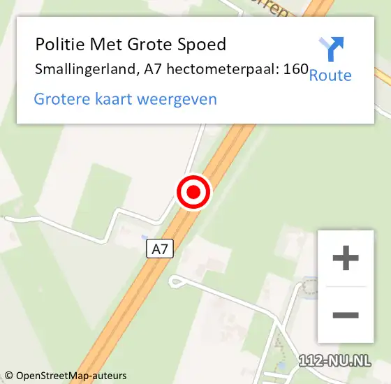 Locatie op kaart van de 112 melding: Politie Met Grote Spoed Naar Smallingerland, A7 hectometerpaal: 160 op 26 juni 2022 20:43