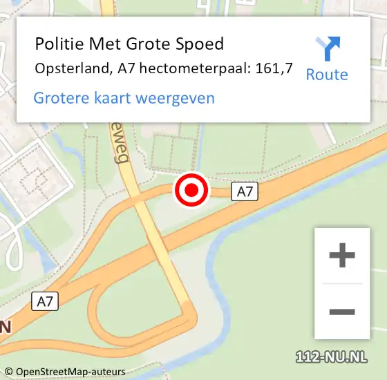 Locatie op kaart van de 112 melding: Politie Met Grote Spoed Naar Opsterland, A7 hectometerpaal: 161,7 op 26 juni 2022 20:43