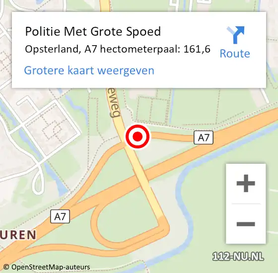 Locatie op kaart van de 112 melding: Politie Met Grote Spoed Naar Opsterland, A7 hectometerpaal: 161,6 op 26 juni 2022 20:44