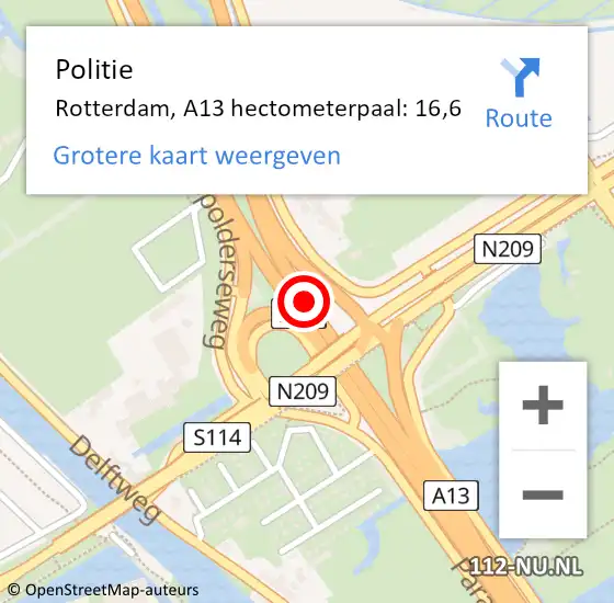 Locatie op kaart van de 112 melding: Politie Rotterdam, A13 hectometerpaal: 16,6 op 26 juni 2022 23:50