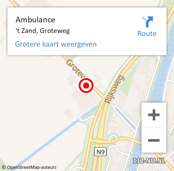 Locatie op kaart van de 112 melding: Ambulance 't Zand, Groteweg op 27 juni 2022 00:11