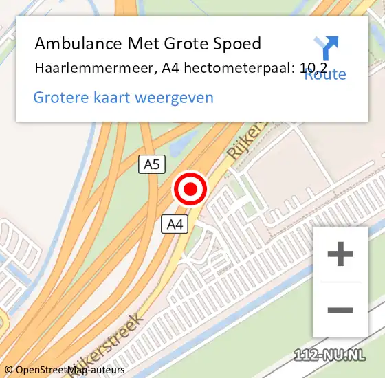 Locatie op kaart van de 112 melding: Ambulance Met Grote Spoed Naar Haarlemmermeer, A4 hectometerpaal: 10,2 op 27 juni 2022 04:30