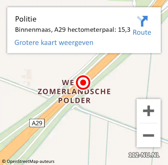Locatie op kaart van de 112 melding: Politie Binnenmaas, A29 hectometerpaal: 15,3 op 27 juni 2022 07:16