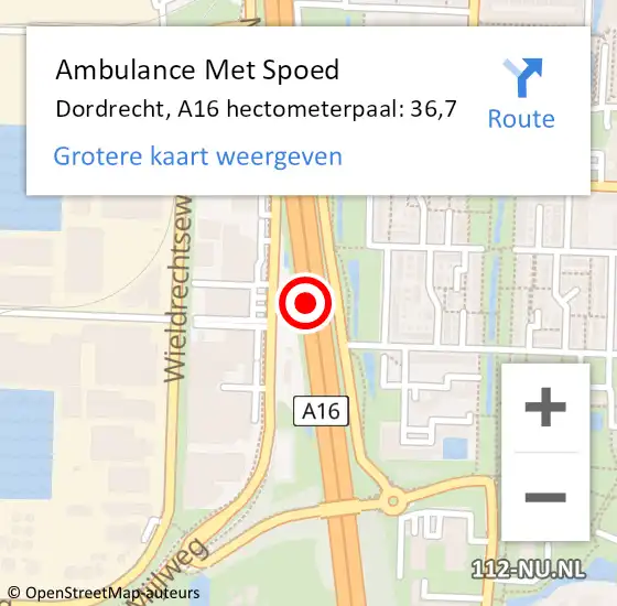 Locatie op kaart van de 112 melding: Ambulance Met Spoed Naar Dordrecht, A16 hectometerpaal: 36,7 op 27 juni 2022 07:59