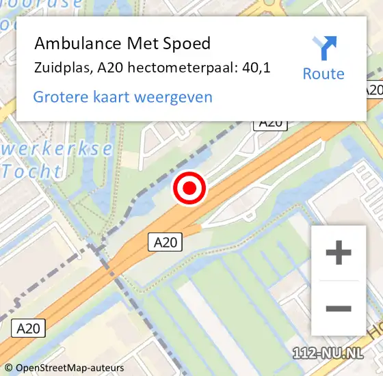 Locatie op kaart van de 112 melding: Ambulance Met Spoed Naar Zuidplas, A20 hectometerpaal: 40,1 op 27 juni 2022 08:39