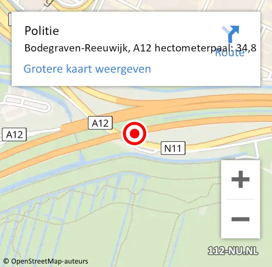 Locatie op kaart van de 112 melding: Politie Bodegraven-Reeuwijk, A12 hectometerpaal: 34,8 op 27 juni 2022 10:20