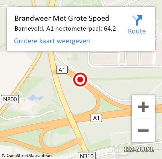 Locatie op kaart van de 112 melding: Brandweer Met Grote Spoed Naar Barneveld, A1 hectometerpaal: 64,2 op 27 juni 2022 11:48