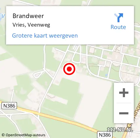 Locatie op kaart van de 112 melding: Brandweer Vries, Veenweg op 27 juni 2022 12:04