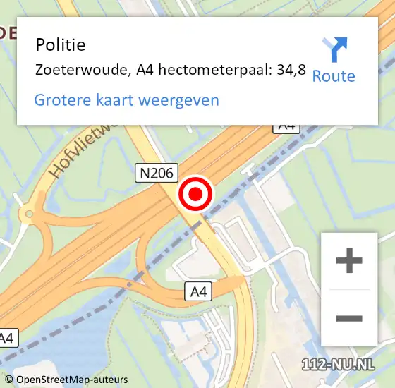 Locatie op kaart van de 112 melding: Politie Zoeterwoude, A4 hectometerpaal: 34,8 op 27 juni 2022 12:35