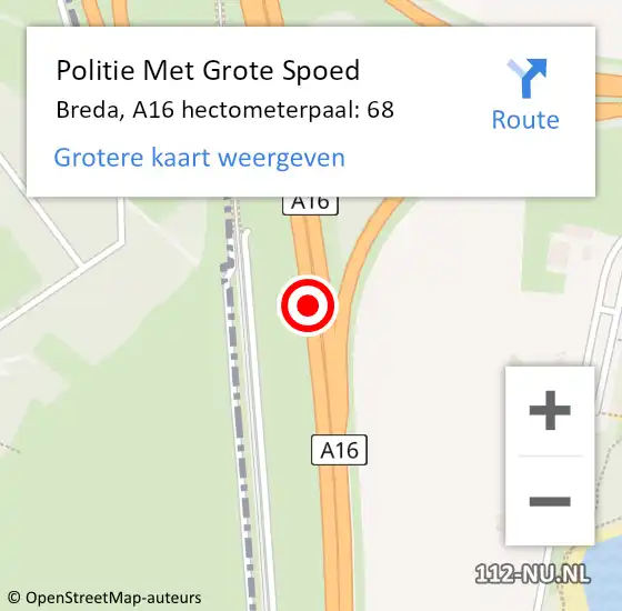 Locatie op kaart van de 112 melding: Politie Met Grote Spoed Naar Breda, A16 hectometerpaal: 68 op 27 juni 2022 15:24