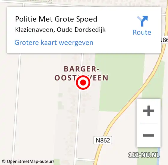 Locatie op kaart van de 112 melding: Politie Met Grote Spoed Naar Klazienaveen, Oude Dordsedijk op 27 juni 2022 15:37