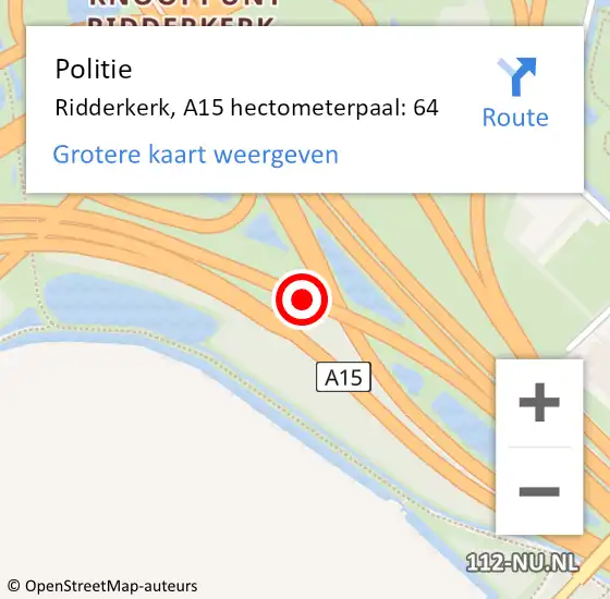 Locatie op kaart van de 112 melding: Politie Ridderkerk, A15 hectometerpaal: 64 op 27 juni 2022 15:51