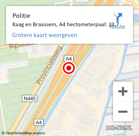 Locatie op kaart van de 112 melding: Politie Kaag en Braassem, A4 hectometerpaal: 23,7 op 27 juni 2022 16:02