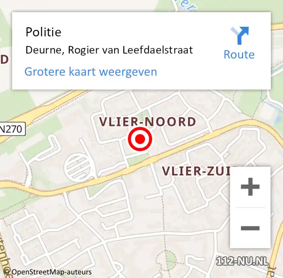 Locatie op kaart van de 112 melding: Politie Deurne, Rogier van Leefdaelstraat op 27 juni 2022 16:15