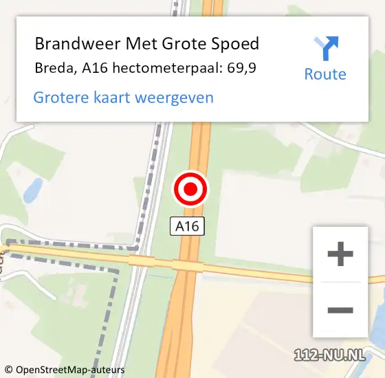 Locatie op kaart van de 112 melding: Brandweer Met Grote Spoed Naar Breda, A16 hectometerpaal: 69,9 op 27 juni 2022 16:48