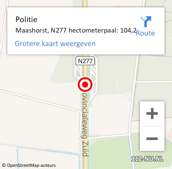 Locatie op kaart van de 112 melding: Politie Maashorst, N277 hectometerpaal: 104,2 op 27 juni 2022 17:13