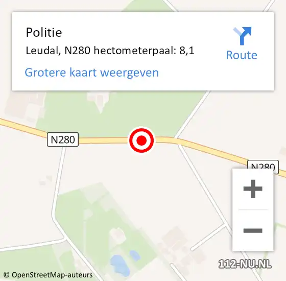 Locatie op kaart van de 112 melding: Politie Leudal, N280 hectometerpaal: 8,1 op 27 juni 2022 17:15