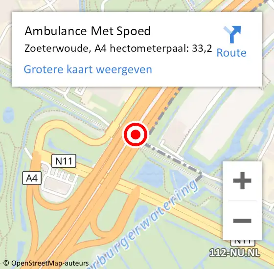 Locatie op kaart van de 112 melding: Ambulance Met Spoed Naar Zoeterwoude, A4 hectometerpaal: 33,2 op 27 juni 2022 18:04
