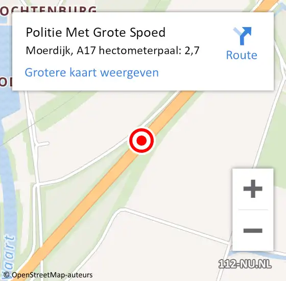 Locatie op kaart van de 112 melding: Politie Met Grote Spoed Naar Moerdijk, A17 hectometerpaal: 2,7 op 27 juni 2022 18:55