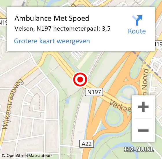 Locatie op kaart van de 112 melding: Ambulance Met Spoed Naar Velsen, N197 hectometerpaal: 3,5 op 27 juni 2022 19:20