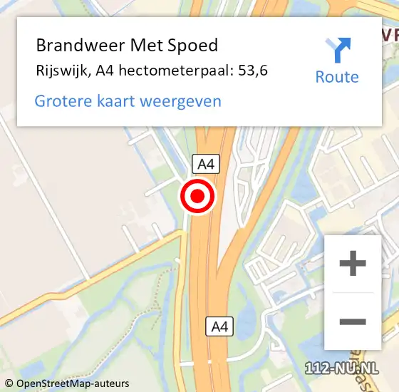 Locatie op kaart van de 112 melding: Brandweer Met Spoed Naar Rijswijk, A4 hectometerpaal: 53,6 op 27 juni 2022 20:37