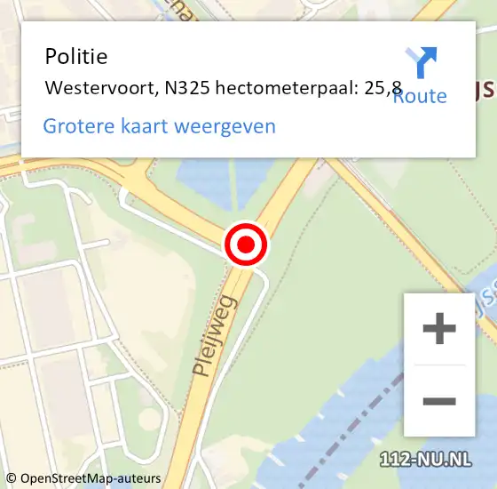 Locatie op kaart van de 112 melding: Politie Westervoort, N325 hectometerpaal: 25,8 op 27 juni 2022 22:08