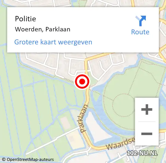 Locatie op kaart van de 112 melding: Politie Woerden, Parklaan op 27 juni 2022 22:16