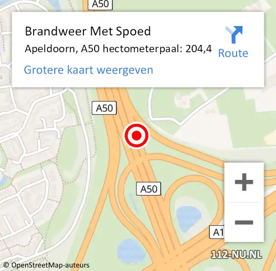 Locatie op kaart van de 112 melding: Brandweer Met Spoed Naar Apeldoorn, A50 hectometerpaal: 204,4 op 27 juni 2022 22:43
