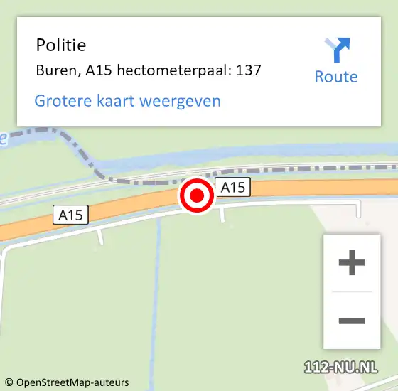 Locatie op kaart van de 112 melding: Politie Buren, A15 hectometerpaal: 137 op 27 juni 2022 22:58