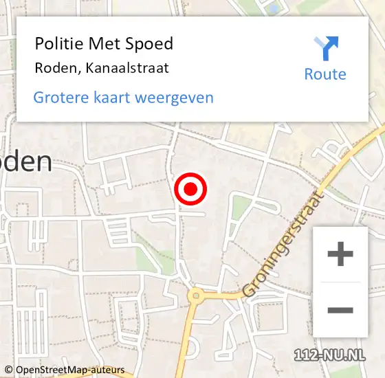 Locatie op kaart van de 112 melding: Politie Met Spoed Naar Roden, Kanaalstraat op 28 juni 2022 07:06