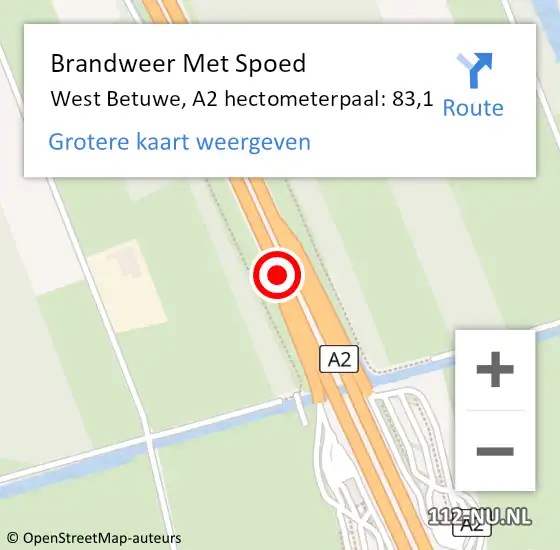 Locatie op kaart van de 112 melding: Brandweer Met Spoed Naar West Betuwe, A2 hectometerpaal: 83,1 op 28 juni 2022 07:15