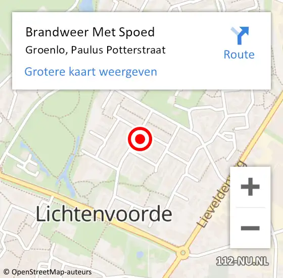 Locatie op kaart van de 112 melding: Brandweer Met Spoed Naar Groenlo, Paulus Potterstraat op 28 juni 2022 07:47