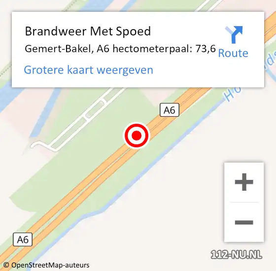 Locatie op kaart van de 112 melding: Brandweer Met Spoed Naar Gemert-Bakel, A6 hectometerpaal: 73,6 op 28 juni 2022 08:17
