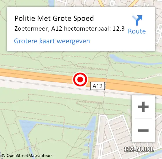 Locatie op kaart van de 112 melding: Politie Met Grote Spoed Naar Zoetermeer, A12 hectometerpaal: 12,3 op 28 juni 2022 08:43