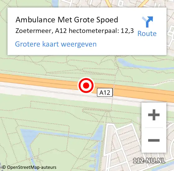Locatie op kaart van de 112 melding: Ambulance Met Grote Spoed Naar Zoetermeer, A12 hectometerpaal: 12,3 op 28 juni 2022 08:44