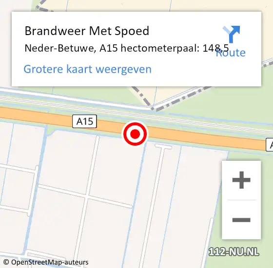 Locatie op kaart van de 112 melding: Brandweer Met Spoed Naar Neder-Betuwe, A15 hectometerpaal: 148,5 op 28 juni 2022 08:47