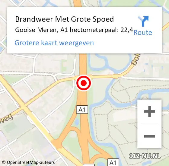 Locatie op kaart van de 112 melding: Brandweer Met Grote Spoed Naar Gooise Meren, A1 hectometerpaal: 22,4 op 28 juni 2022 08:53