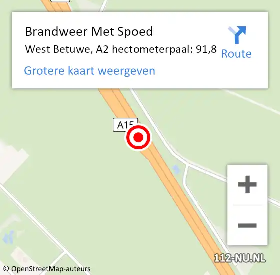 Locatie op kaart van de 112 melding: Brandweer Met Spoed Naar West Betuwe, A2 hectometerpaal: 91,8 op 28 juni 2022 09:12