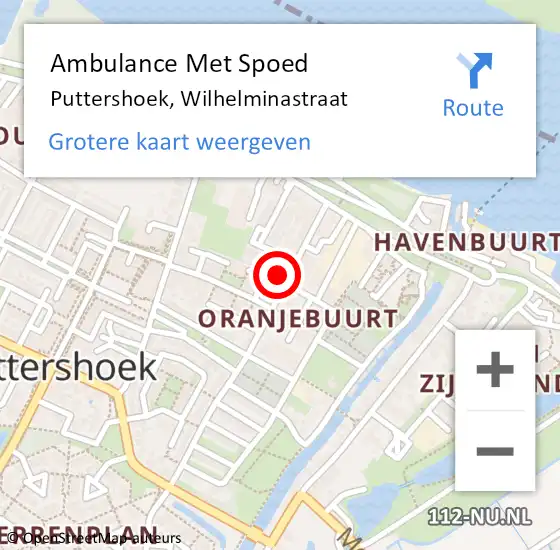 Locatie op kaart van de 112 melding: Ambulance Met Spoed Naar Puttershoek, Wilhelminastraat op 28 juni 2022 09:20