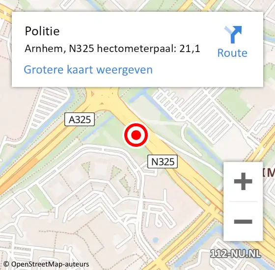 Locatie op kaart van de 112 melding: Politie Arnhem, N325 hectometerpaal: 21,1 op 28 juni 2022 10:54