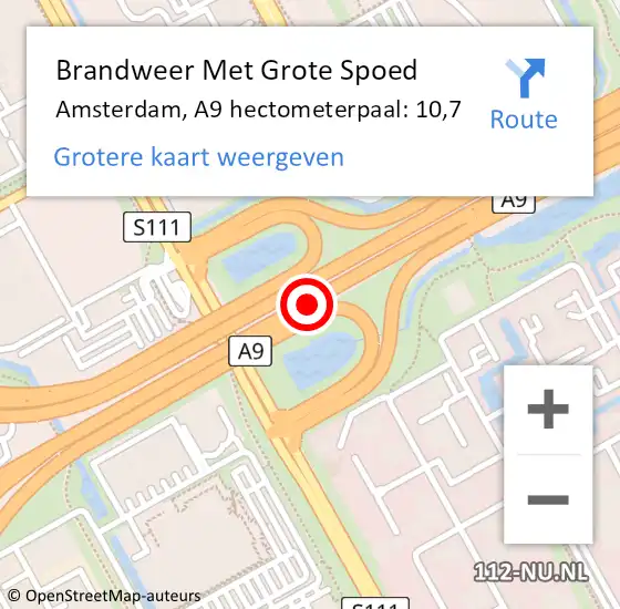 Locatie op kaart van de 112 melding: Brandweer Met Grote Spoed Naar Amsterdam, A9 hectometerpaal: 10,7 op 28 juni 2022 11:51