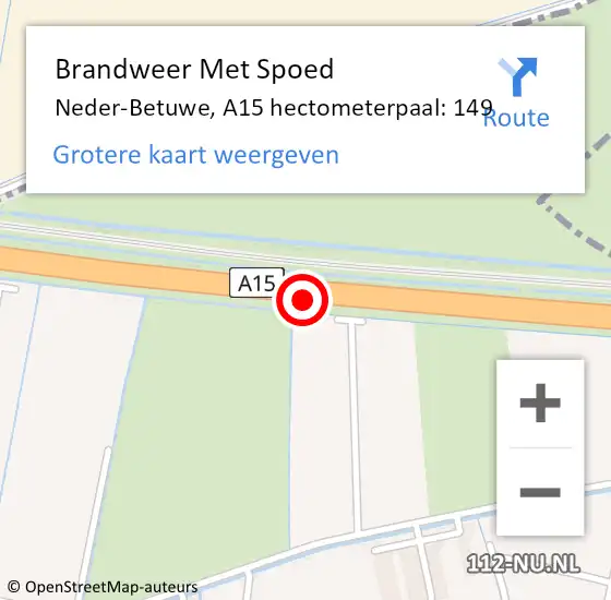 Locatie op kaart van de 112 melding: Brandweer Met Spoed Naar Neder-Betuwe, A15 hectometerpaal: 149 op 28 juni 2022 12:02