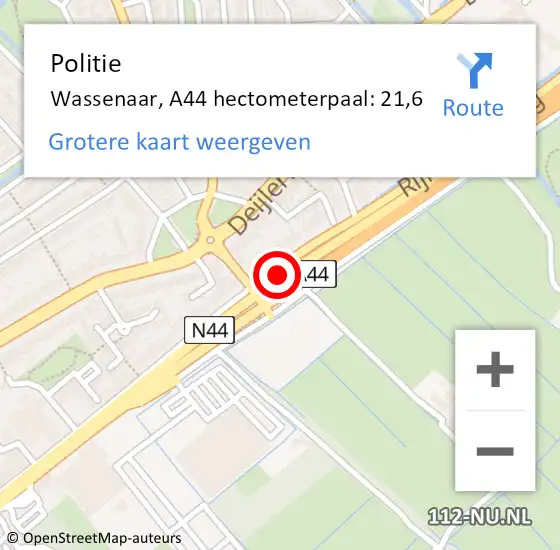 Locatie op kaart van de 112 melding: Politie Wassenaar, A44 hectometerpaal: 21,6 op 28 juni 2022 12:11