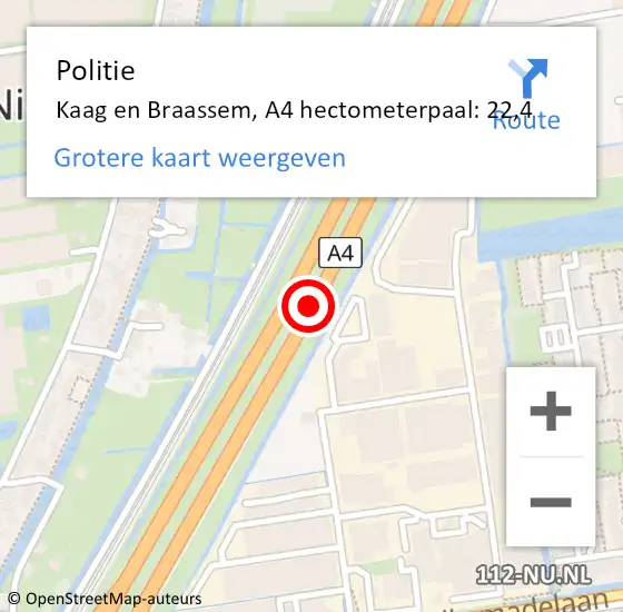 Locatie op kaart van de 112 melding: Politie Kaag en Braassem, A4 hectometerpaal: 22,4 op 28 juni 2022 12:50