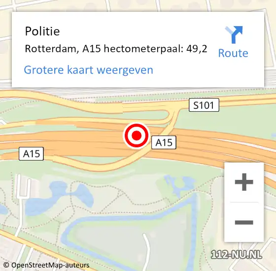 Locatie op kaart van de 112 melding: Politie Rotterdam, A15 hectometerpaal: 49,2 op 28 juni 2022 12:54