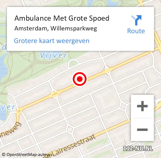 Locatie op kaart van de 112 melding: Ambulance Met Grote Spoed Naar Amsterdam, Willemsparkweg op 28 juni 2022 13:33