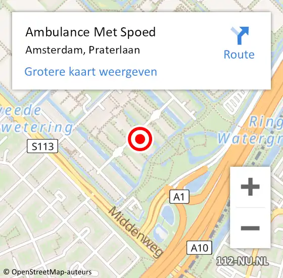 Locatie op kaart van de 112 melding: Ambulance Met Spoed Naar Amsterdam, Praterlaan op 28 juni 2022 13:38