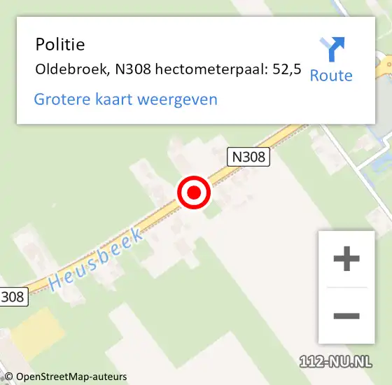 Locatie op kaart van de 112 melding: Politie Oldebroek, N308 hectometerpaal: 52,5 op 28 juni 2022 16:42