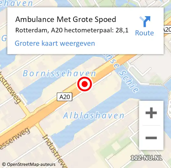 Locatie op kaart van de 112 melding: Ambulance Met Grote Spoed Naar Rotterdam, A20 hectometerpaal: 28,1 op 28 juni 2022 16:51