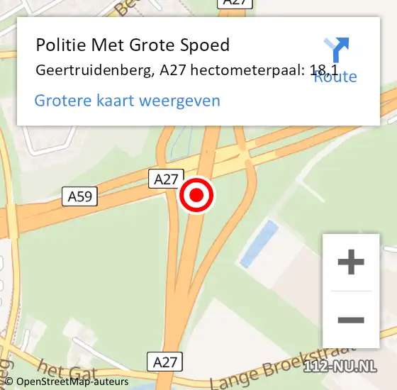 Locatie op kaart van de 112 melding: Politie Met Grote Spoed Naar Geertruidenberg, A27 hectometerpaal: 18,1 op 28 juni 2022 17:29